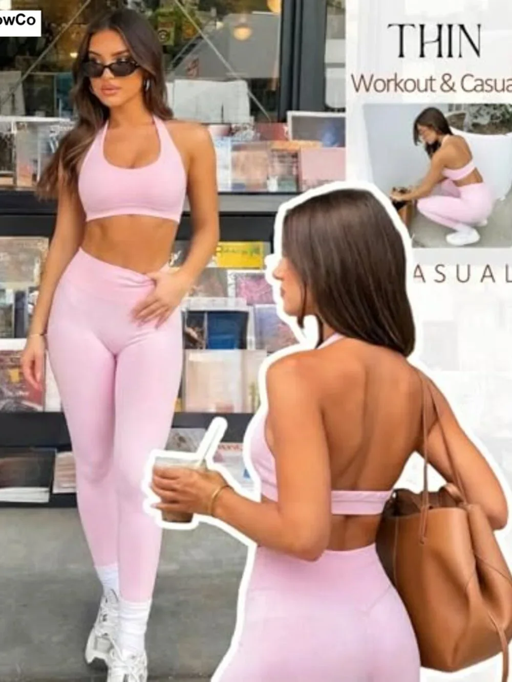 Women's 2-Piece Seamless Workout Set Halter Sports Bra High Waist Scrunch Butt